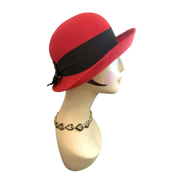 Vintage Red Wool Cloche Hat Black Ribbon Bow 1920s Style Made in USA Retro Chic main image 5